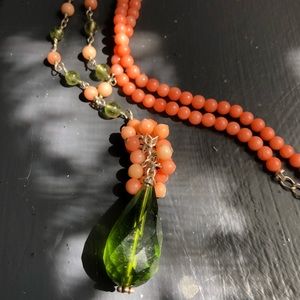 Green quartz and pink coral necklace